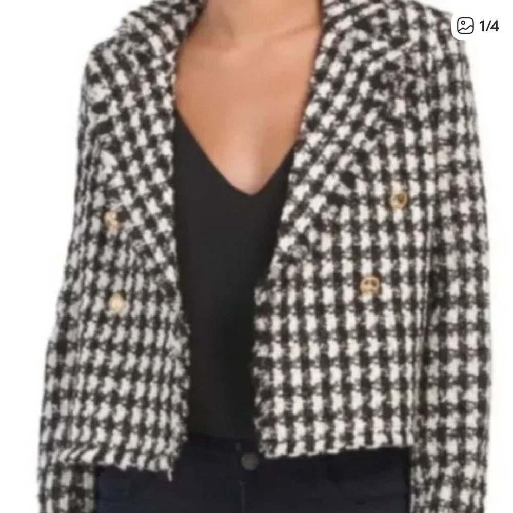 House of Harlow 1960 Tweed Houndstooth Check Wool Blend Blazer Jacket sz L.